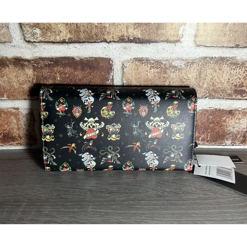 NWT Ed‎ Hardy Wallet Card Holder Bifold Snap Closure Black Graphic Tattoo Design